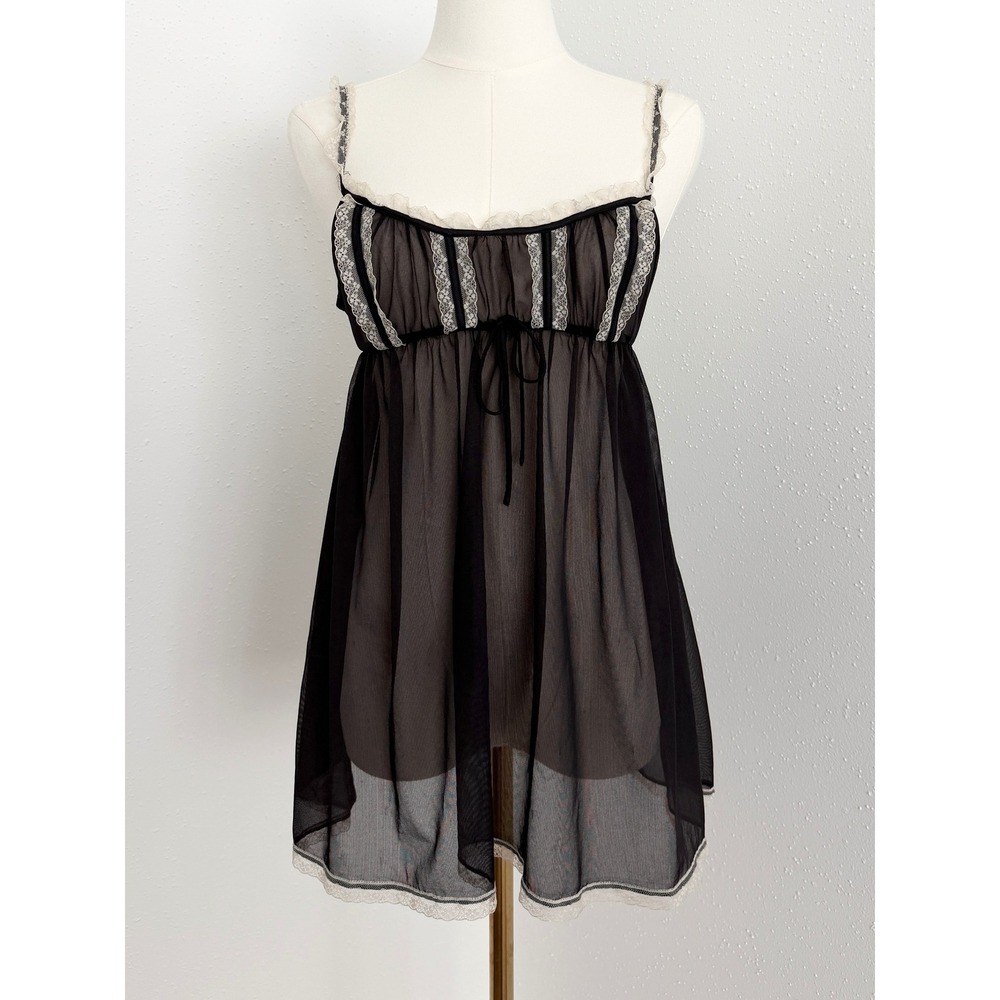 Vintage Y2K Victoria's Secret Black Sheer Lace Babydoll Slip Dress Milkmaid S